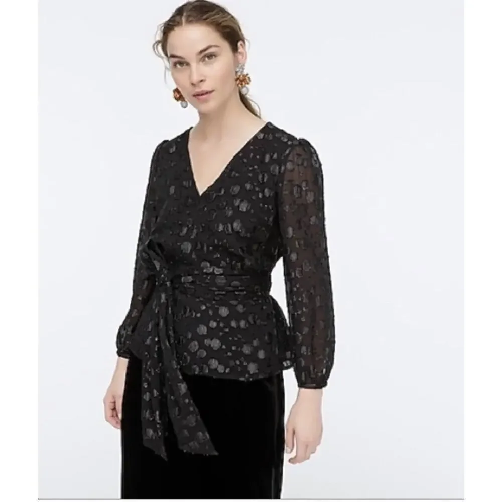 J.Crew Women's Tie-Waist V-Neck Blouse In Black Metallic Dot Size XS